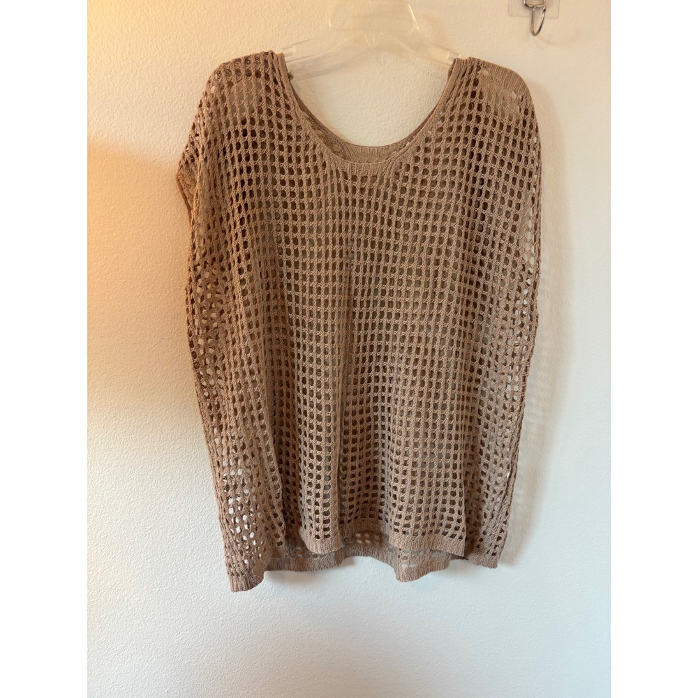Tan Open Knit Crochet Sleeveless Beach Cover Up Top Beige Small sw230217436086